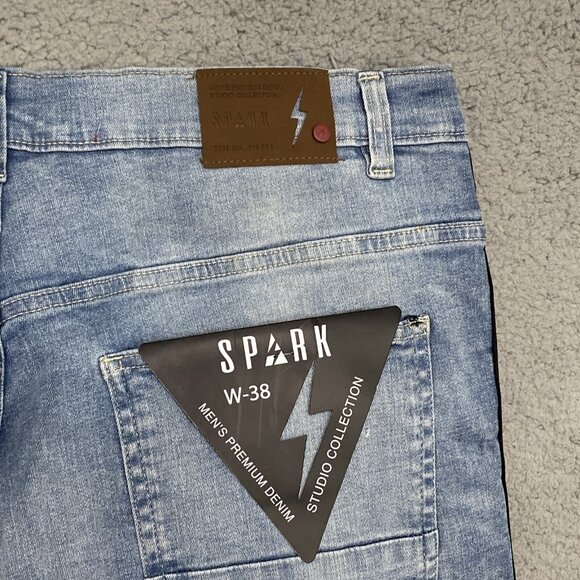 SPARK MEN Shorts Sz 38 Grunge Paint Splash Destroyed Biker Distressed Jean Short - Picture 9 of 10